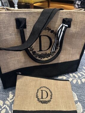 Delicious Natural and Black Monogrammed Tote and Pouch